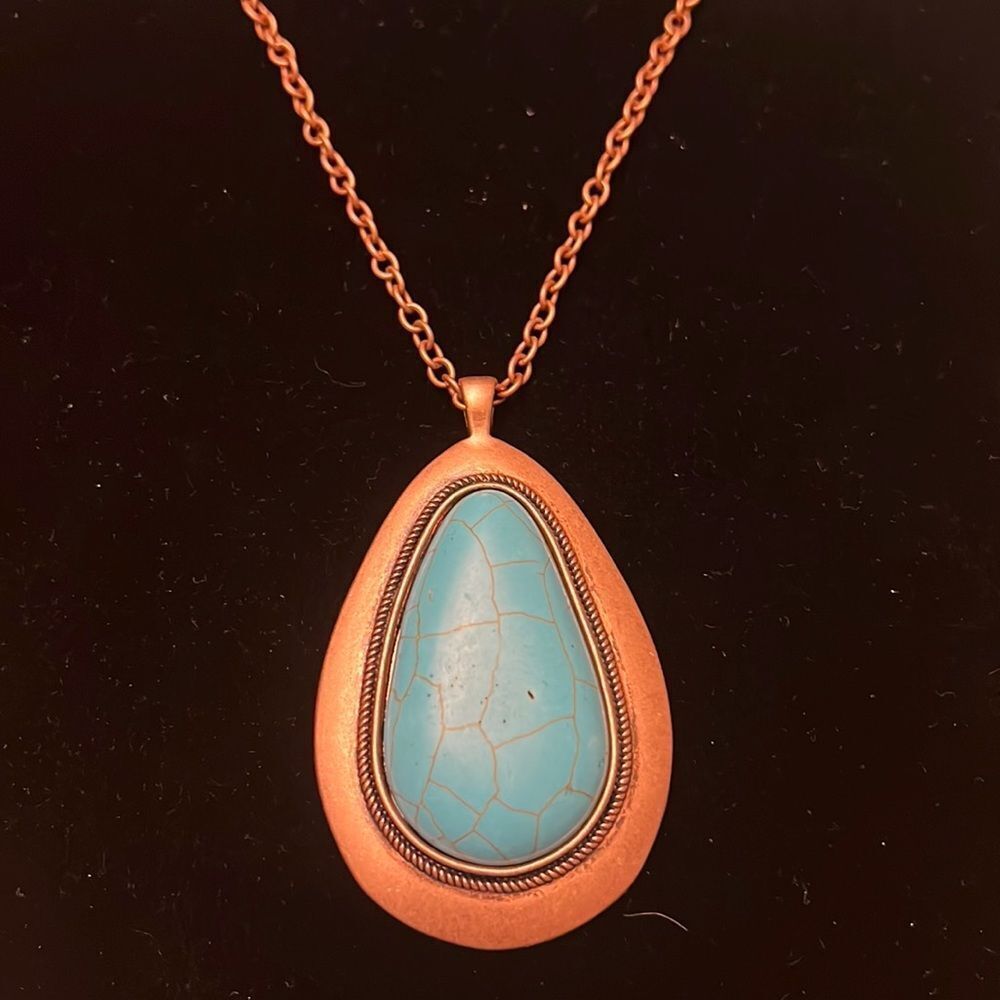 NWT Boho Turquoise Blue & Copper Necklace on 34 inch chain.